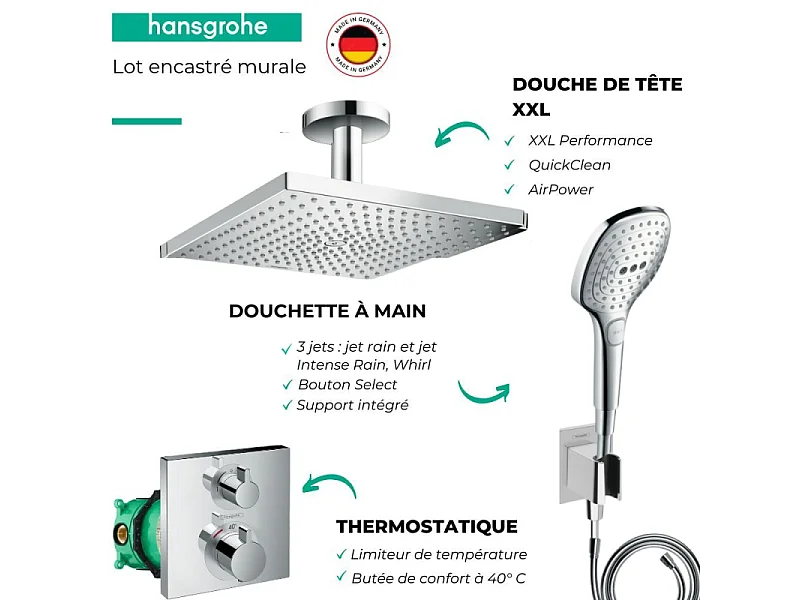 Lot robinet douche encastré thermostatique HANSGROHE Ecostat Square + Douche de tête Raindance E 300 fixation plafond