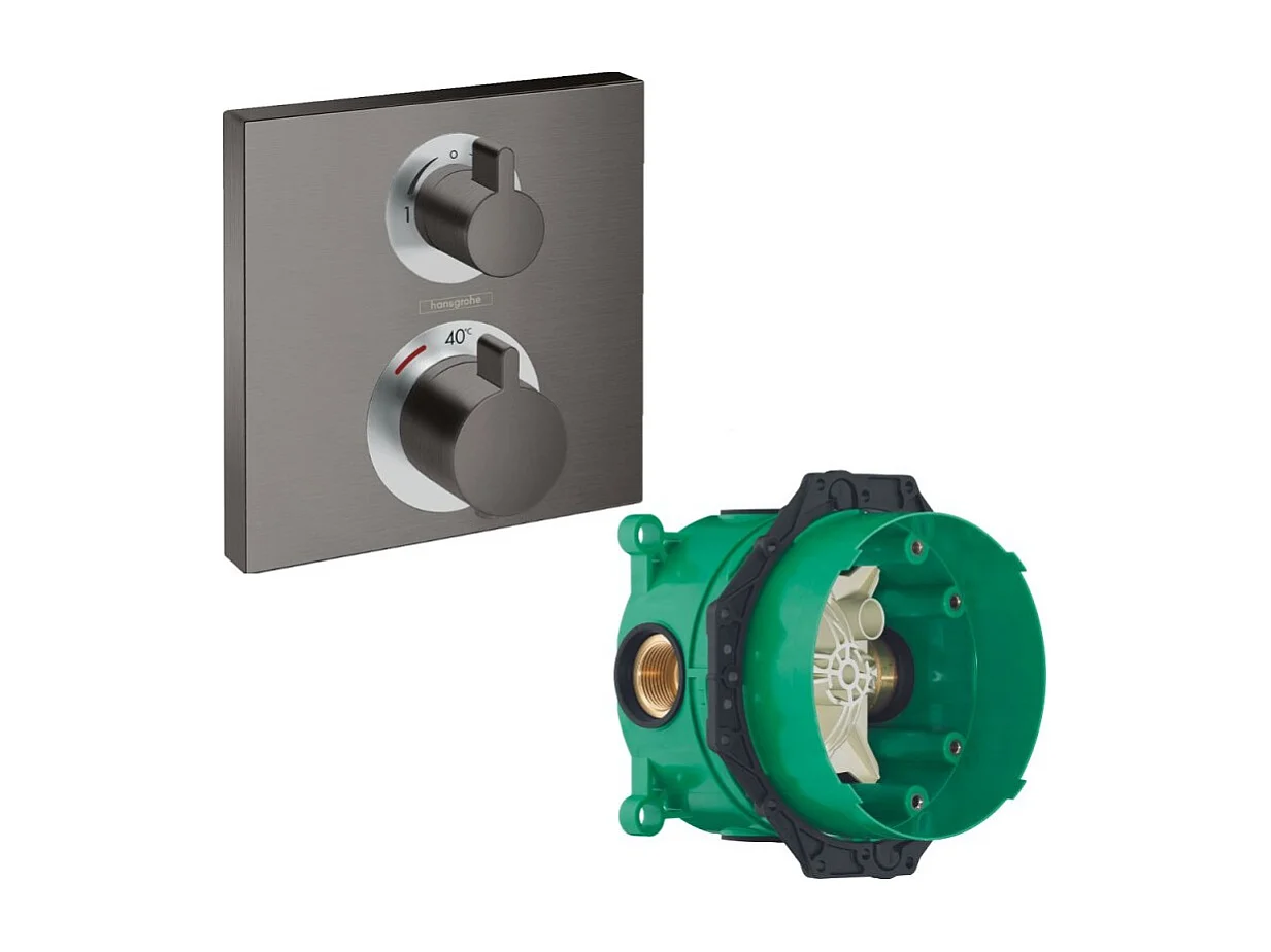 HANSGROHE Facade thermostatique encastré Ecostat Square avec robinet d'arrêt et inverseur noir chromé brossé + corps encastré