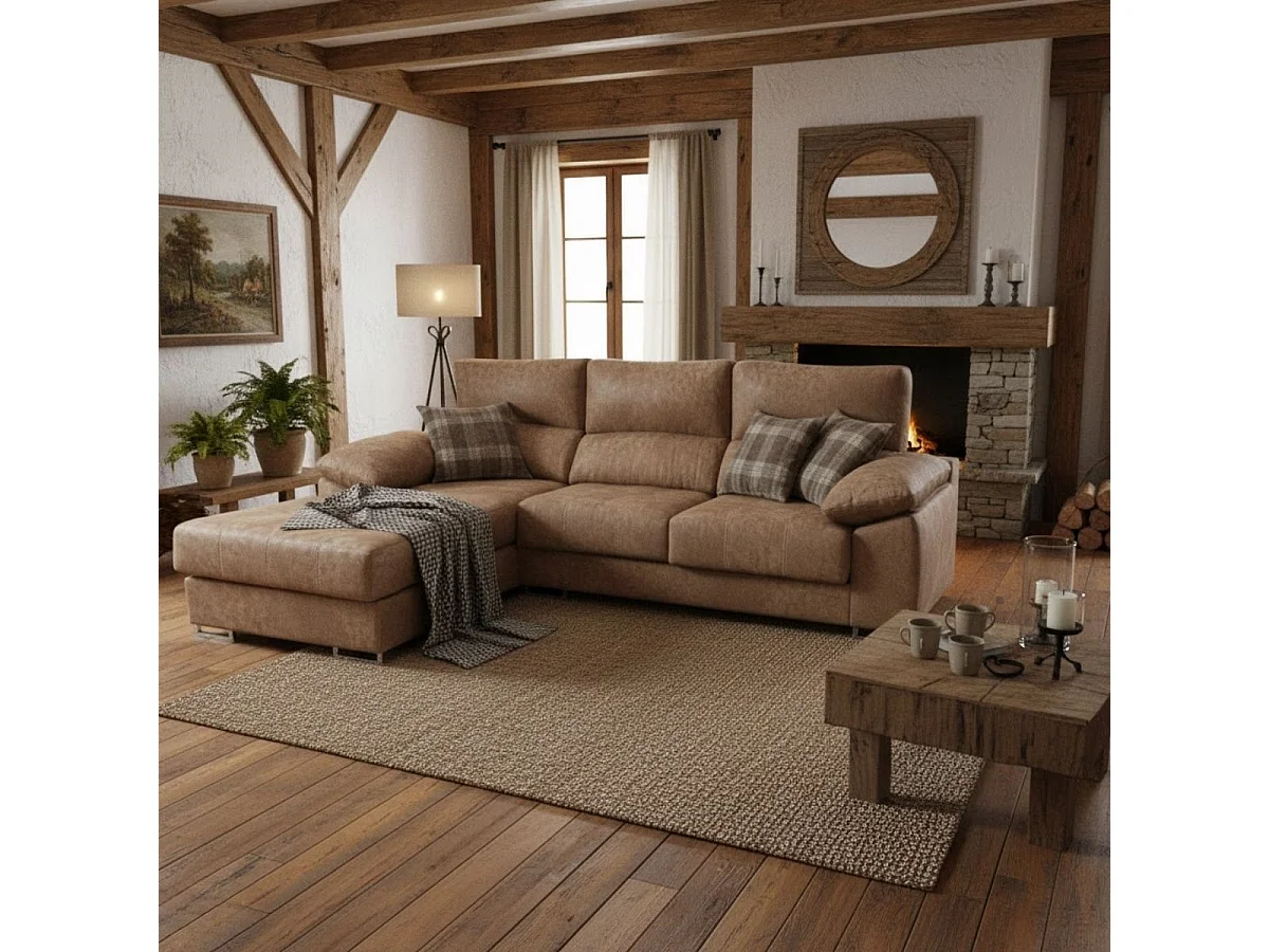 Sofá chaiselongue izquierda Paolo 3 plazas con USB tela Opera marrón claro 300 cm