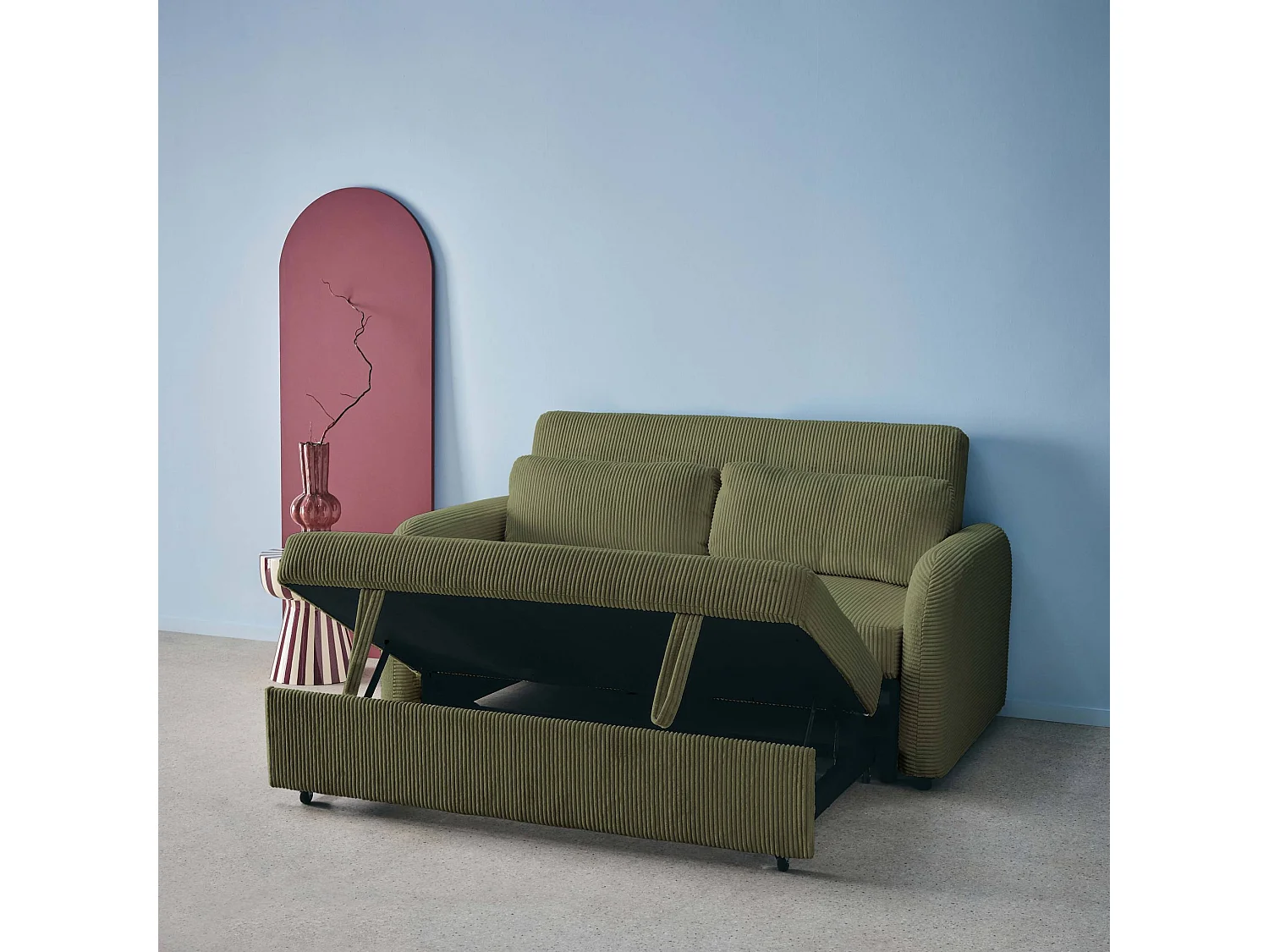 Canapé convertible arrondi 2 places velours côtelé kaki L 168 x P 90 x H 88cm - Lino