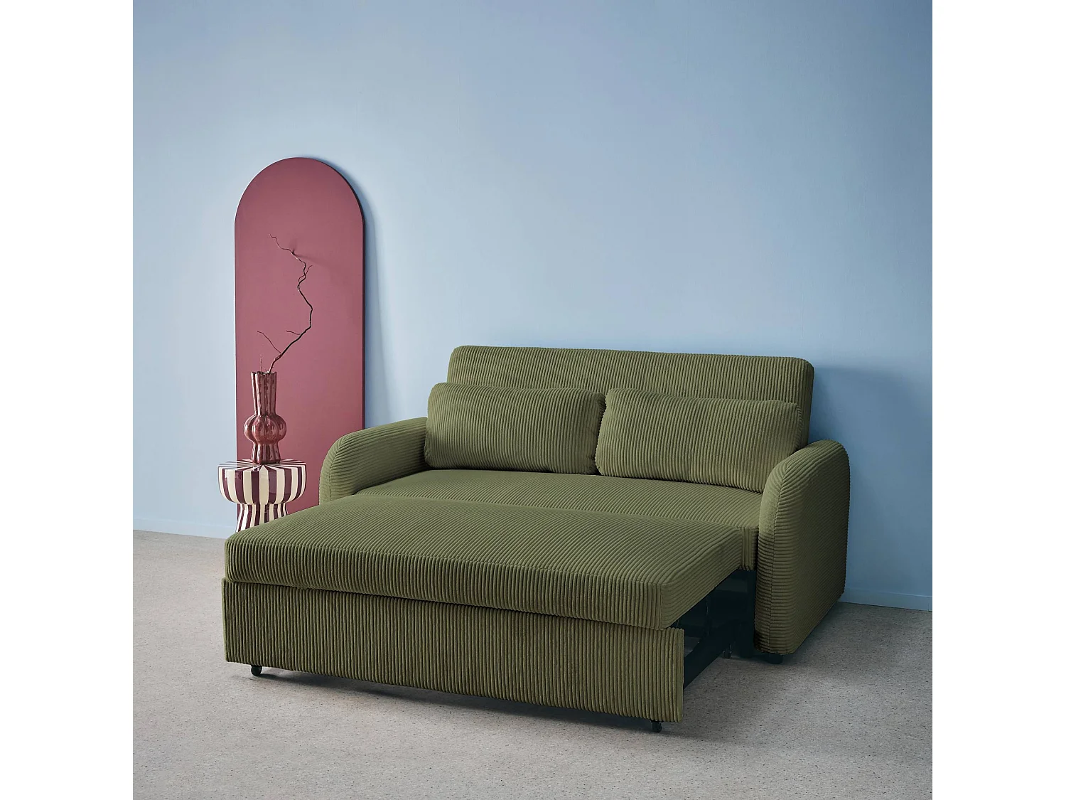 Canapé convertible arrondi 2 places velours côtelé kaki L 168 x P 90 x H 88cm - Lino