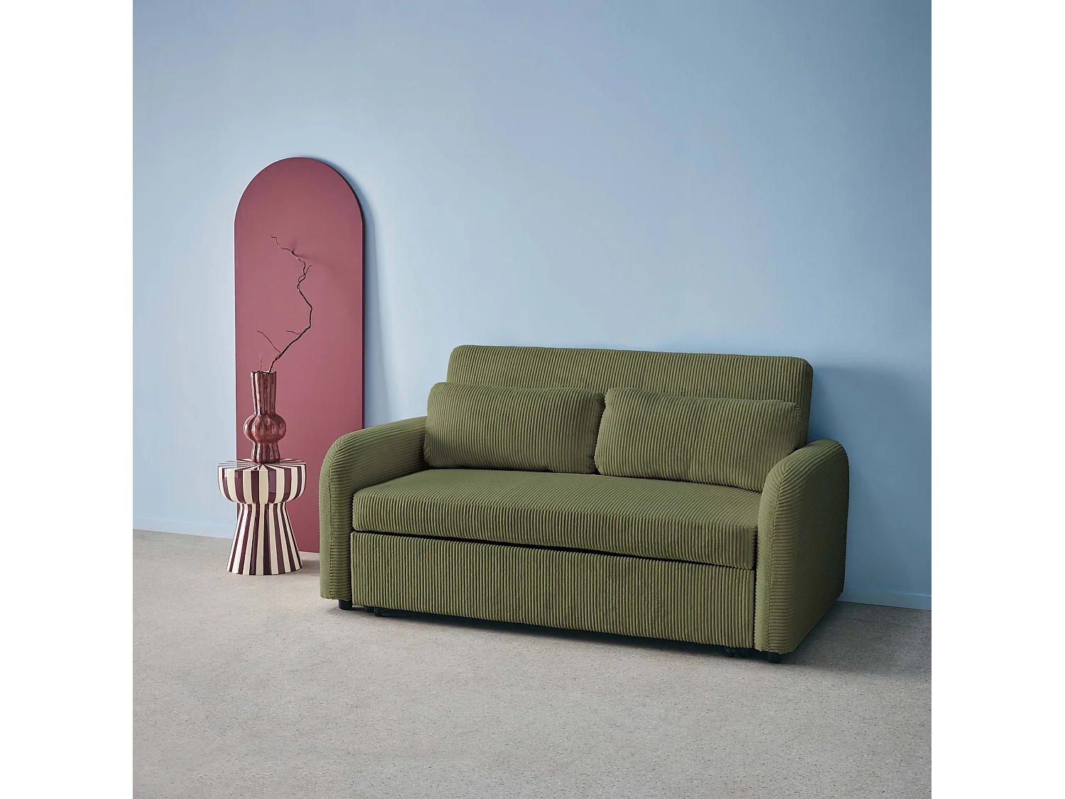 Sofá cama redondeado de pana fina, 2 plazas verde kaki