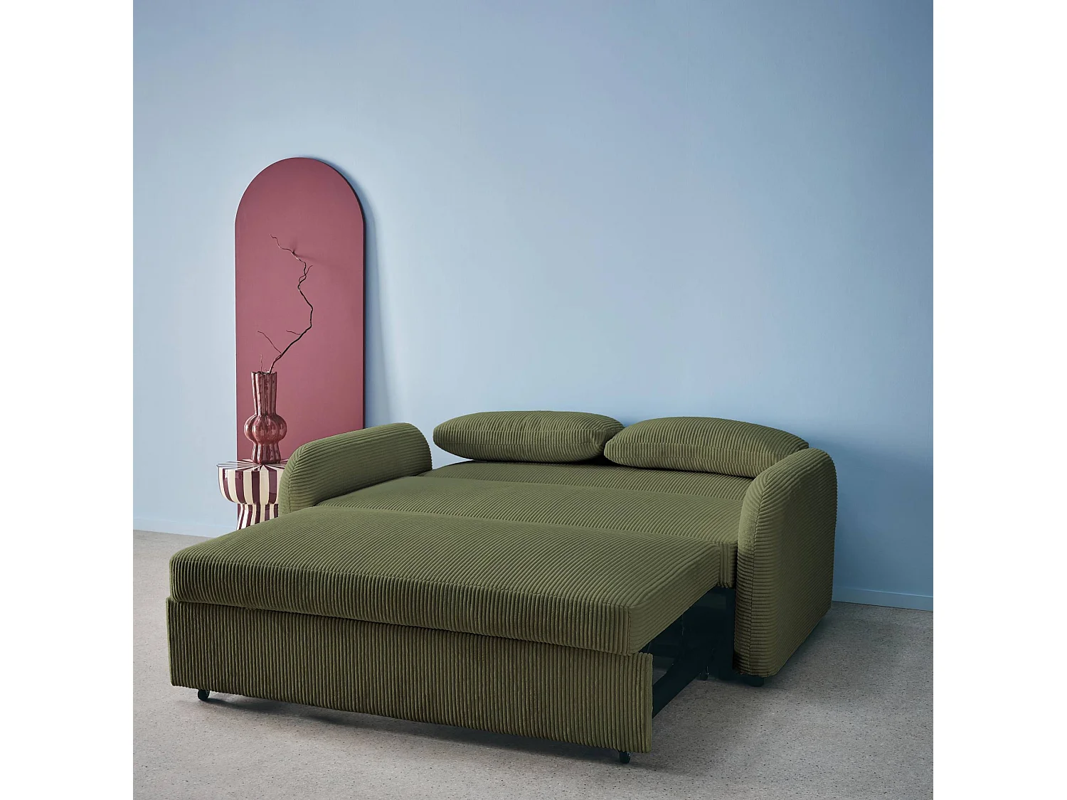Sofá cama redondeado de pana fina, 2 plazas verde kaki