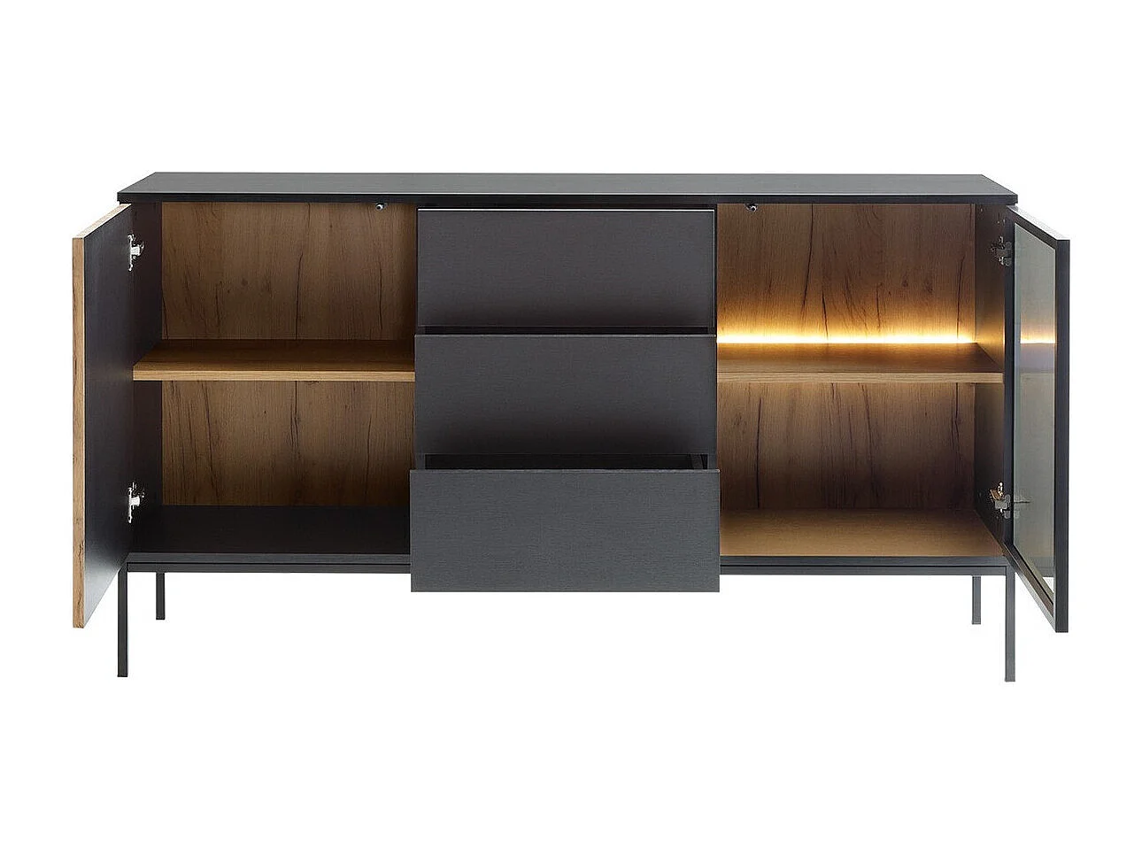 Commode Soferi 108, Chêne wotan|Noir, Tiroirs et portes, 83x154x39cm