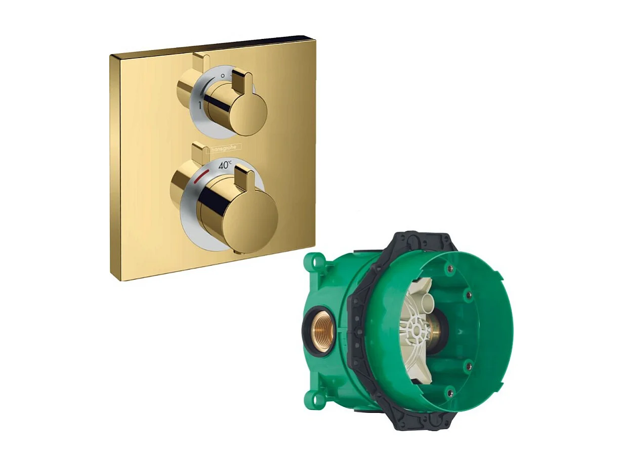 HANSGROHE Facade thermostatique encastré Ecostat Square avec robinet d'arrêt et inverseur aspect doré poli + corps encastré