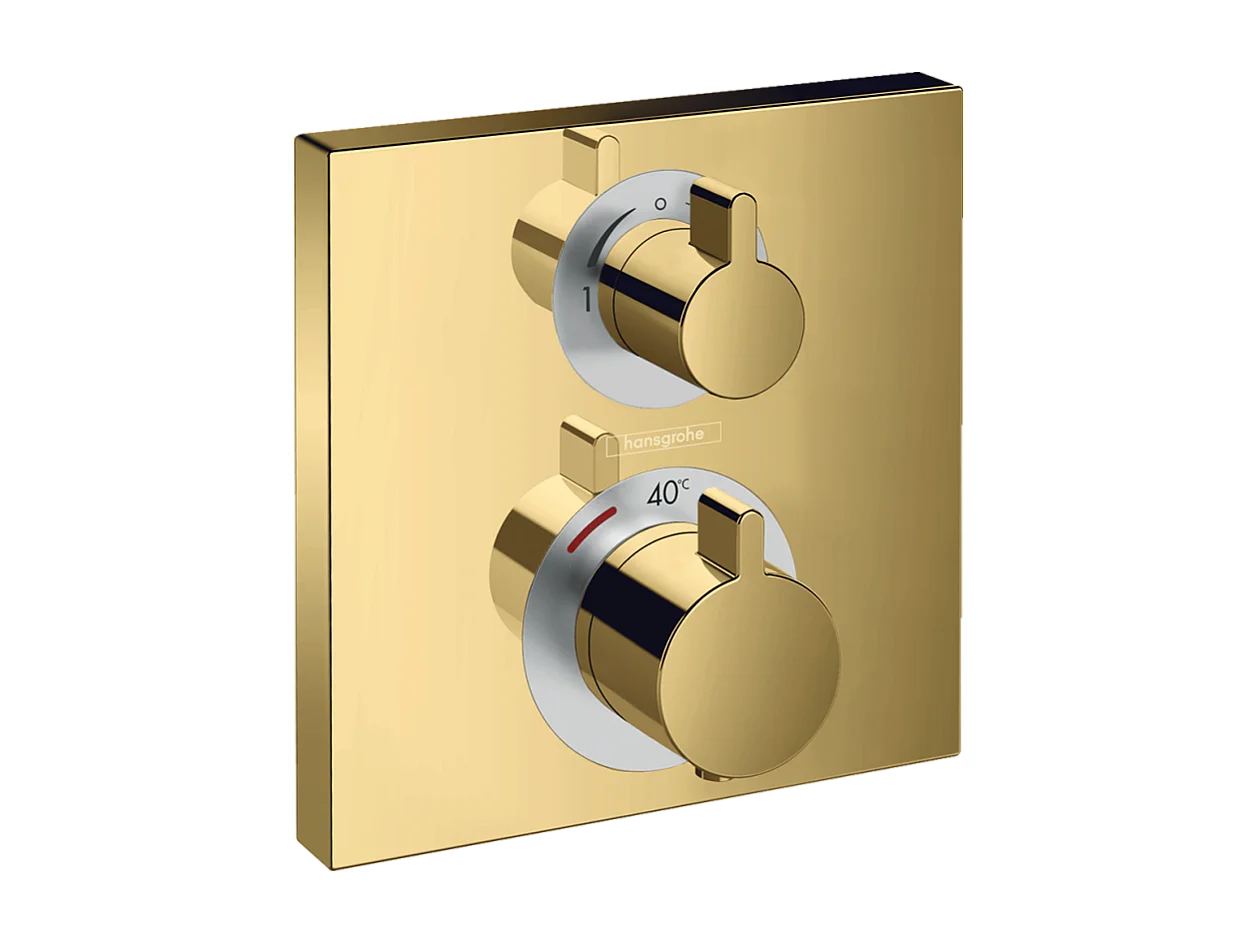 HANSGROHE Facade thermostatique encastré Ecostat Square avec robinet d'arrêt et inverseur aspect doré poli + corps encastré