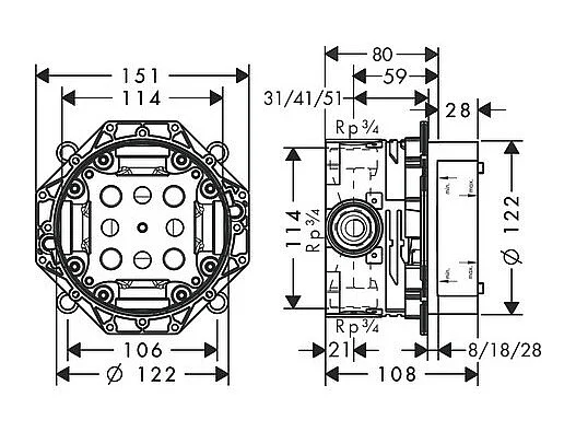 Façade mitigeur thermostatique encastré HANSGROHE Ecostat Square avec robinet d'arrêt et inverseur chromé  + corps encastré