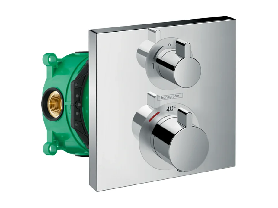 Façade mitigeur thermostatique encastré HANSGROHE Ecostat Square avec robinet d'arrêt et inverseur chromé  + corps encastré