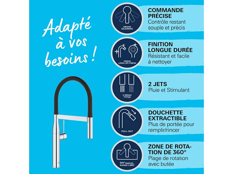 GROHE Mitigeur cuisine semi-professionnel Essence Bec haut chrome douchette extractible