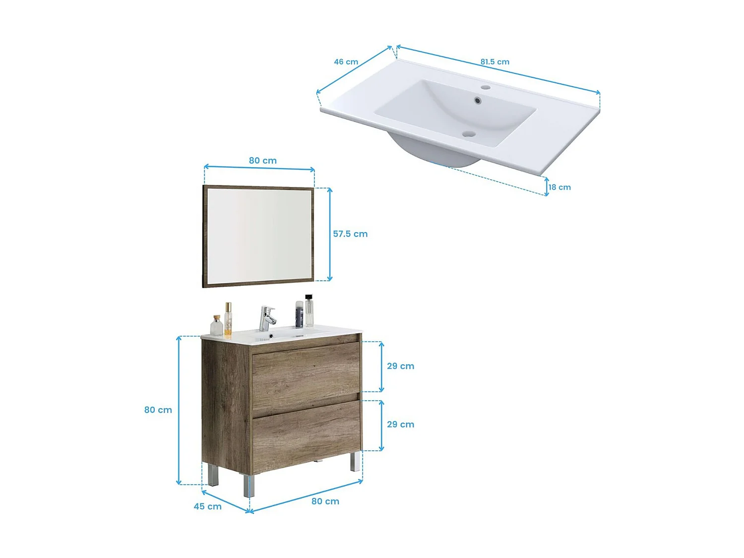 Conjunto de baño Dakota lavabo + mueble + espejo nordik 80 cm