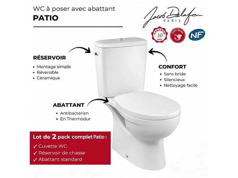 JACOB DELAFON Lot de 2 WC à poser sans bride Patio + abattant