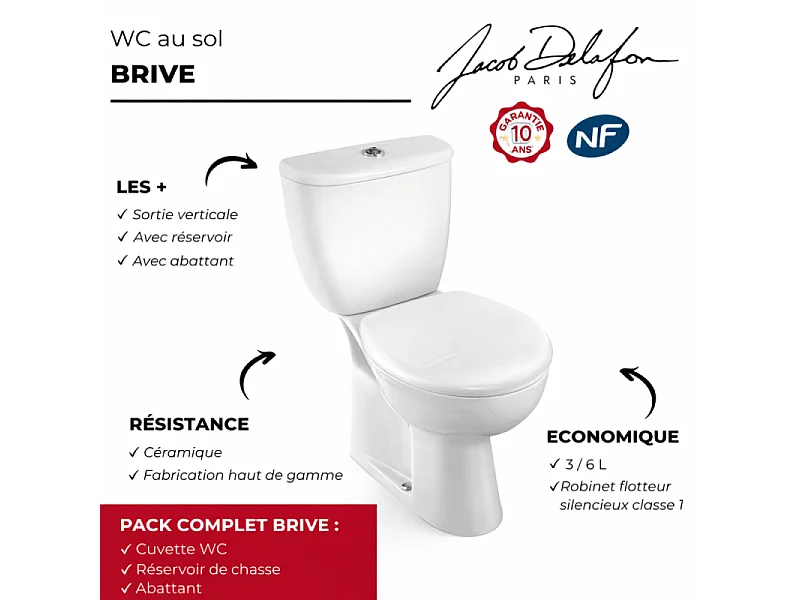 WC à poser sortie verticale JACOB DELAFON Brive 3 avec abattant