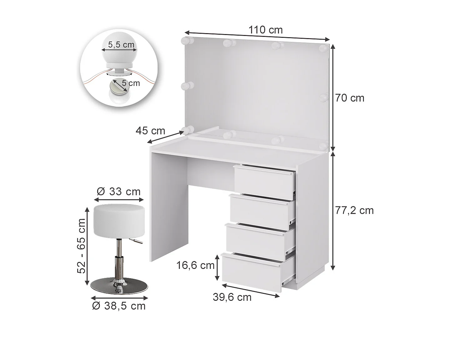 Schminktisch weiß 110x45x77.2 viktoria