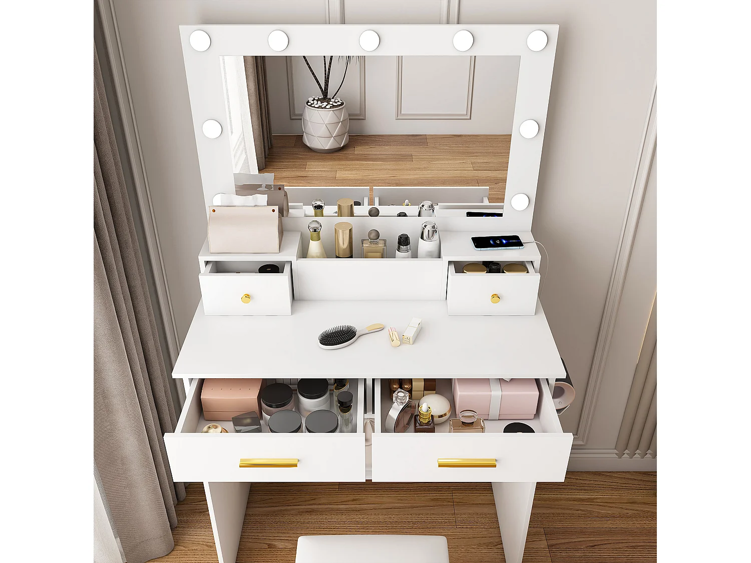 Coiffeuse blanc avec miroir LED , prise, 4 tiroirs et tabouret - Bois MDF 80x40x137cm