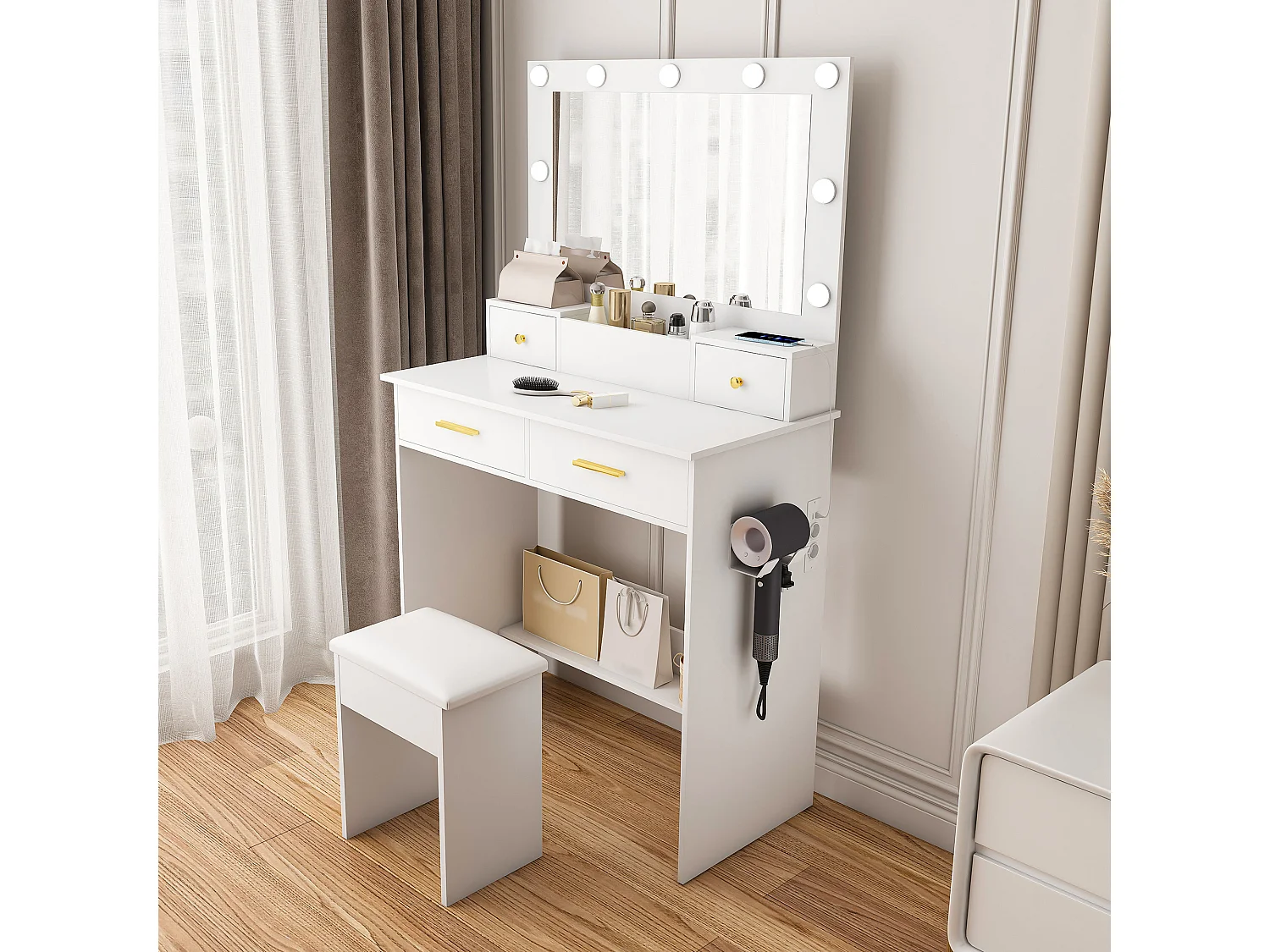 Coiffeuse blanc avec miroir LED , prise, 4 tiroirs et tabouret - Bois MDF 80x40x137cm