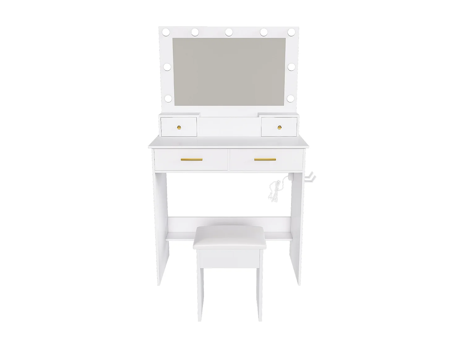 Coiffeuse blanc avec miroir LED , prise, 4 tiroirs et tabouret - Bois MDF 80x40x137cm