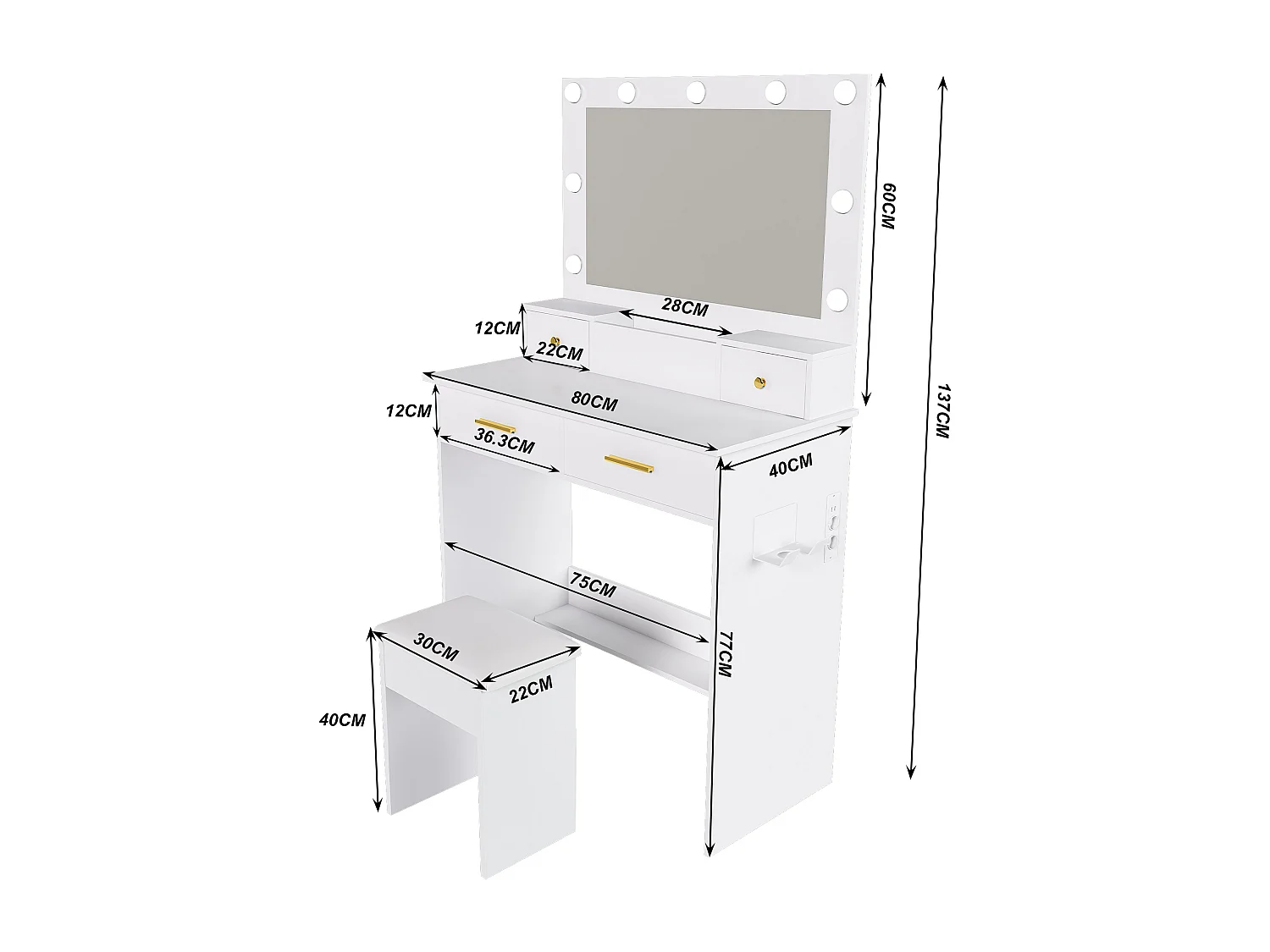 Coiffeuse blanc avec miroir LED , prise, 4 tiroirs et tabouret - Bois MDF 80x40x137cm