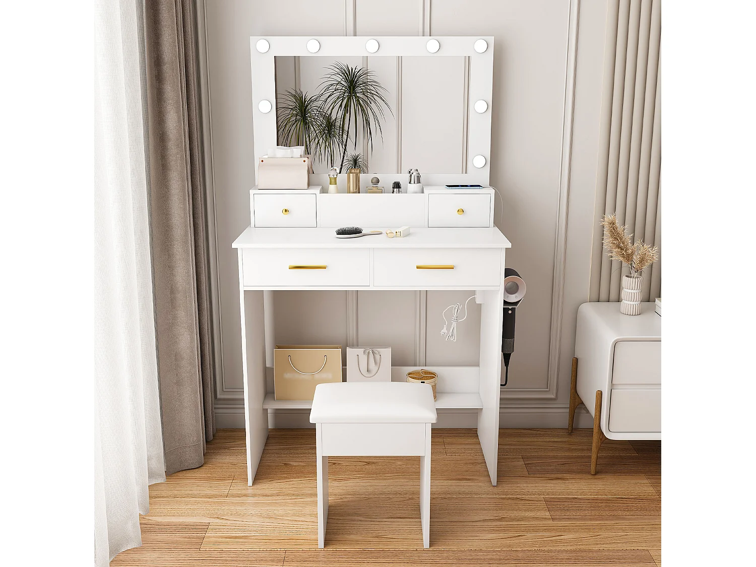 Coiffeuse blanc avec miroir LED , prise, 4 tiroirs et tabouret - Bois MDF 80x40x137cm
