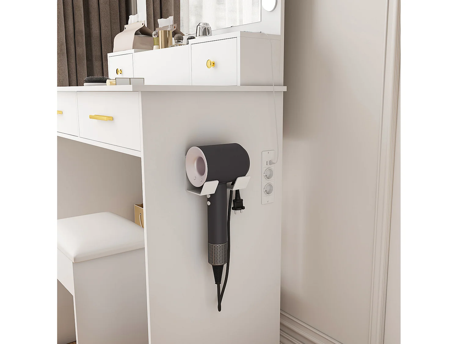 Coiffeuse blanc avec miroir LED , prise, 4 tiroirs et tabouret - Bois MDF 80x40x137cm