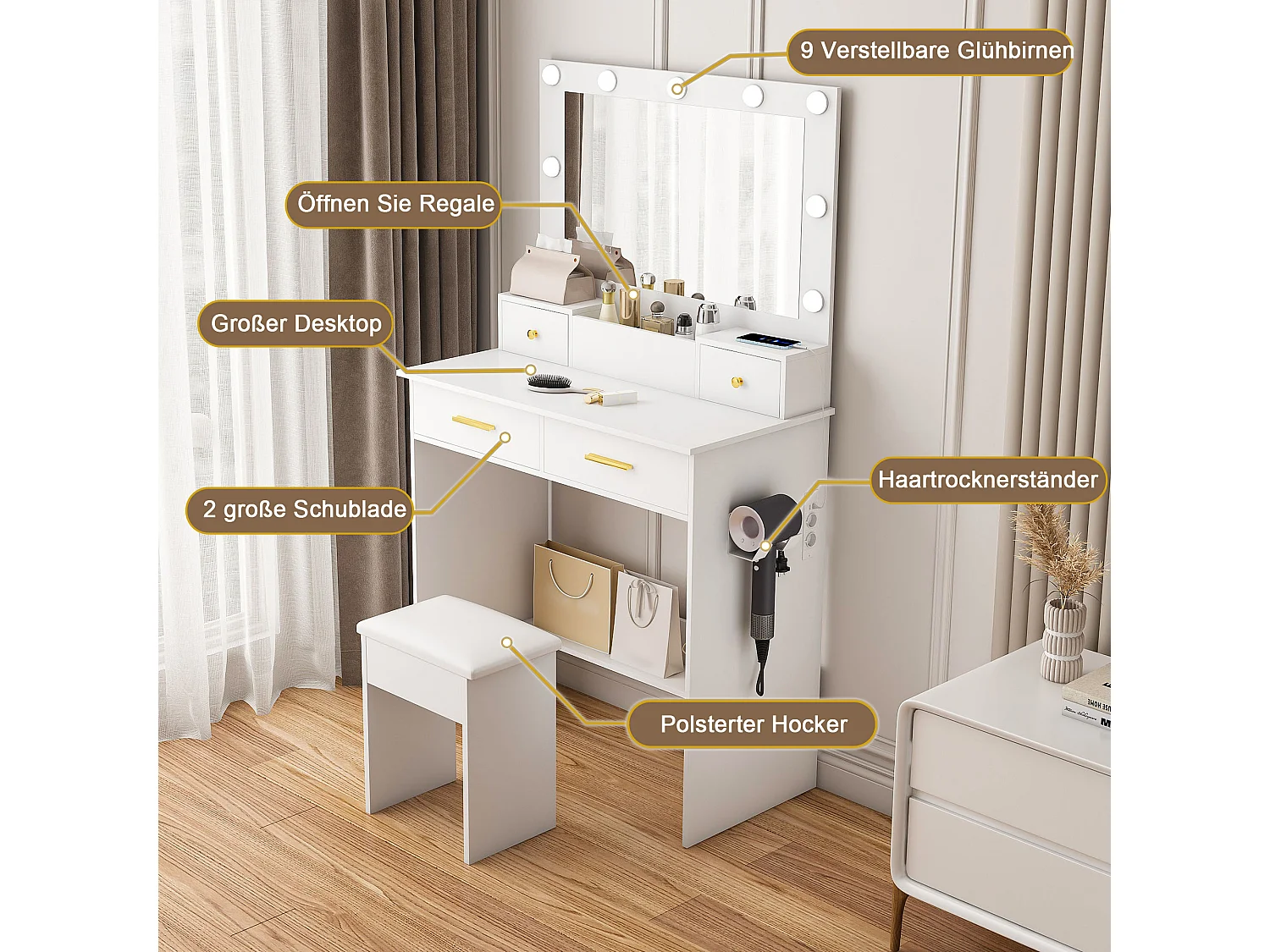 Coiffeuse blanc avec miroir LED , prise, 4 tiroirs et tabouret - Bois MDF 80x40x137cm
