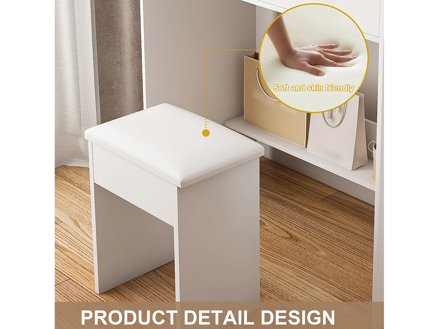 Coiffeuse blanc avec miroir LED , prise, 4 tiroirs et tabouret - Bois MDF 80x40x137cm