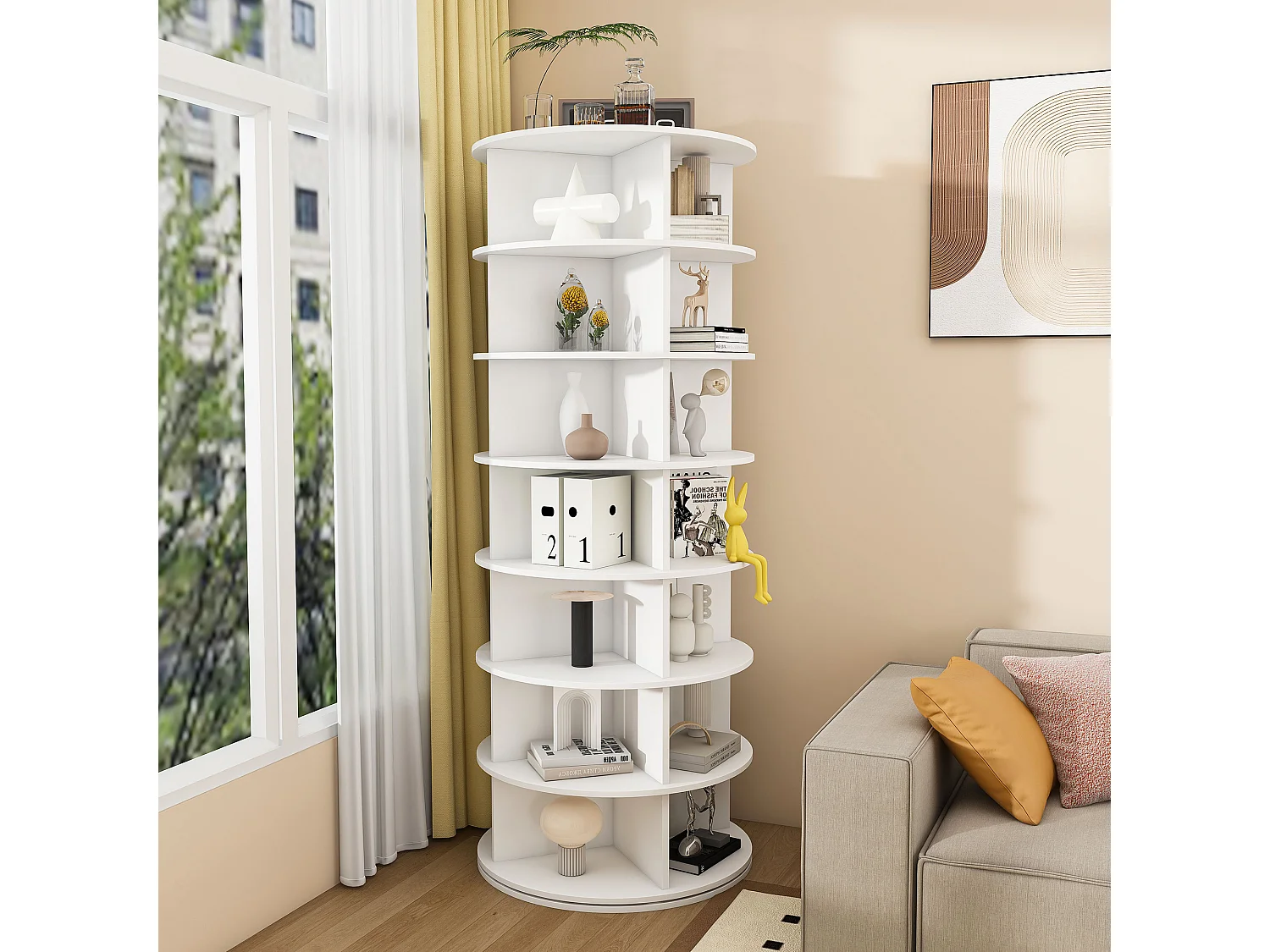 Tour à chaussures pivotante avec 7 niveaux pour 28 paires - Blanc 60x60x161 cm