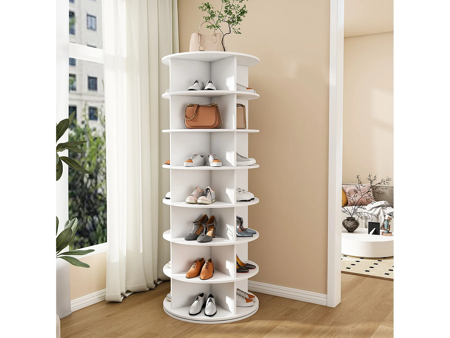 Tour à chaussures pivotante avec 7 niveaux pour 28 paires - Blanc 60x60x161 cm