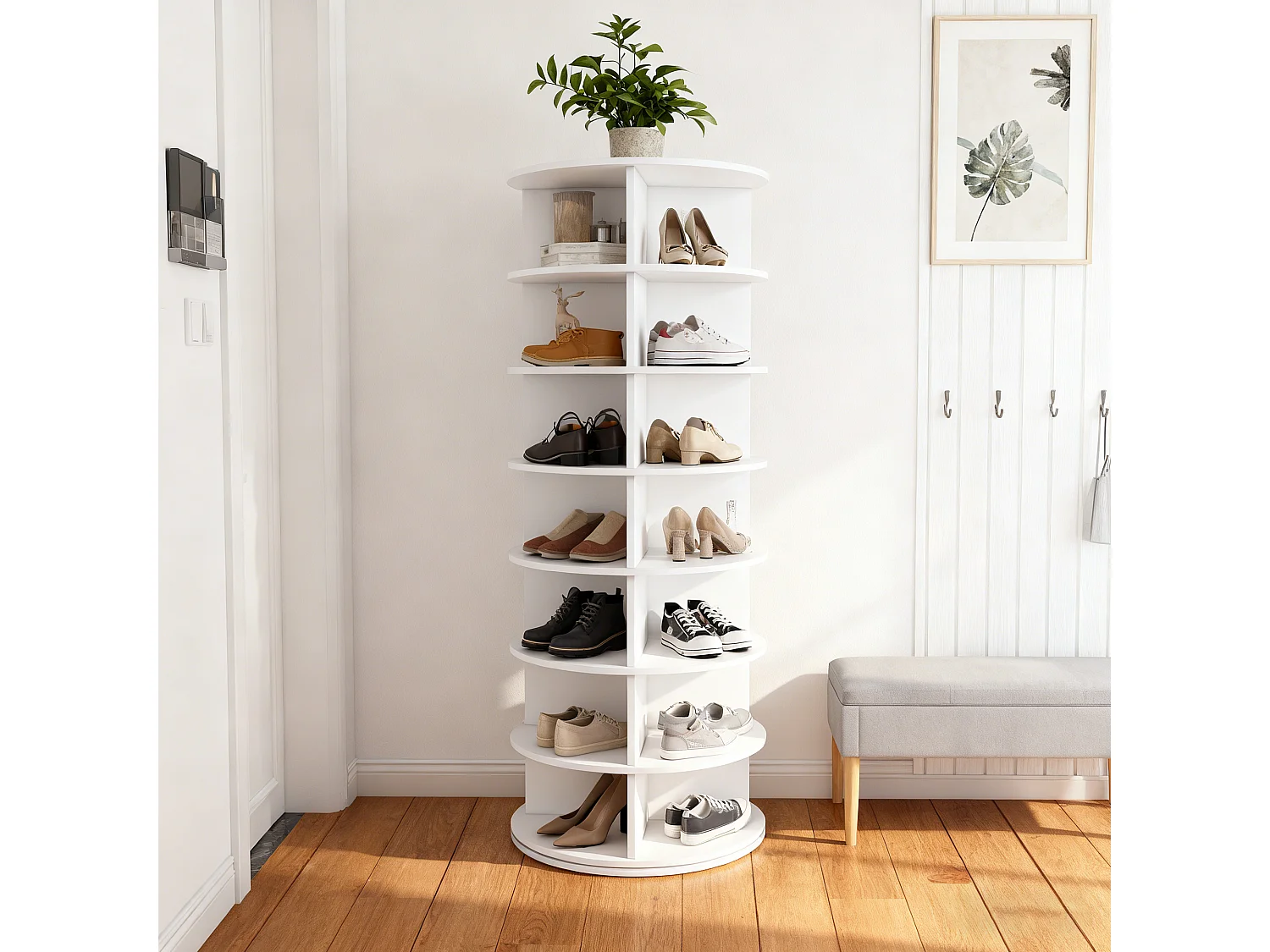 Tour à chaussures pivotante avec 7 niveaux pour 28 paires - Blanc 60x60x161 cm