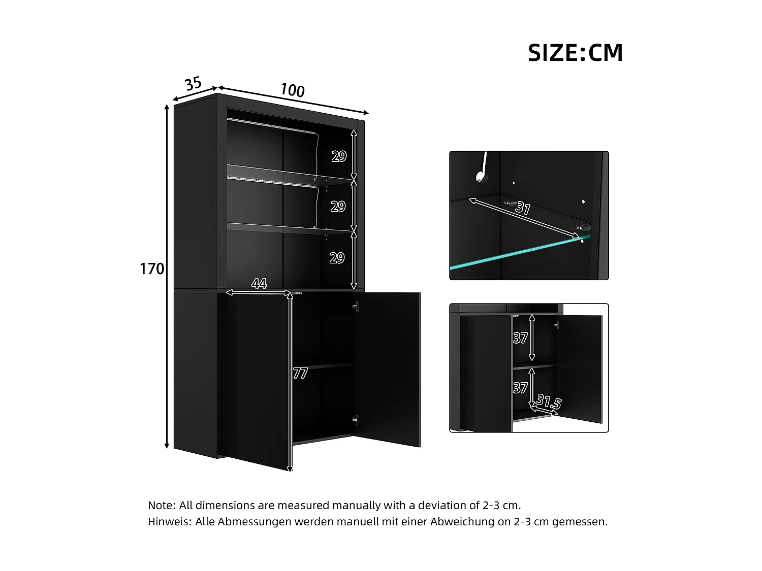 Vitrinekast met ledverlichting, 2 glazen planken en 2 deuren - Glanzend zwarte afwerking