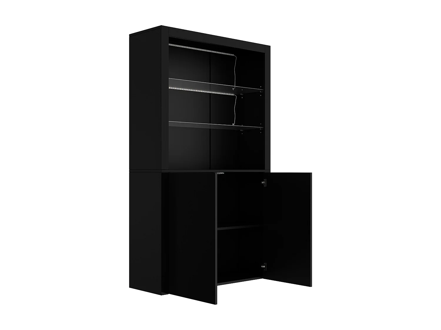 Vitrinekast met ledverlichting, 2 glazen planken en 2 deuren - Glanzend zwarte afwerking