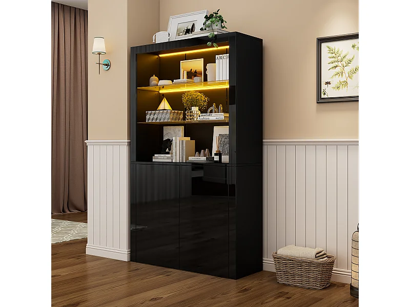 Vitrinekast met ledverlichting, 2 glazen planken en 2 deuren - Glanzend zwarte afwerking