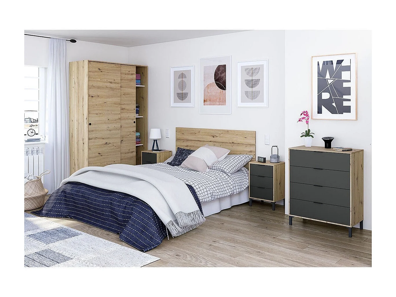 Commode 4 tiroirs décor chêne noueux et gris anthracite - L77,5 cm