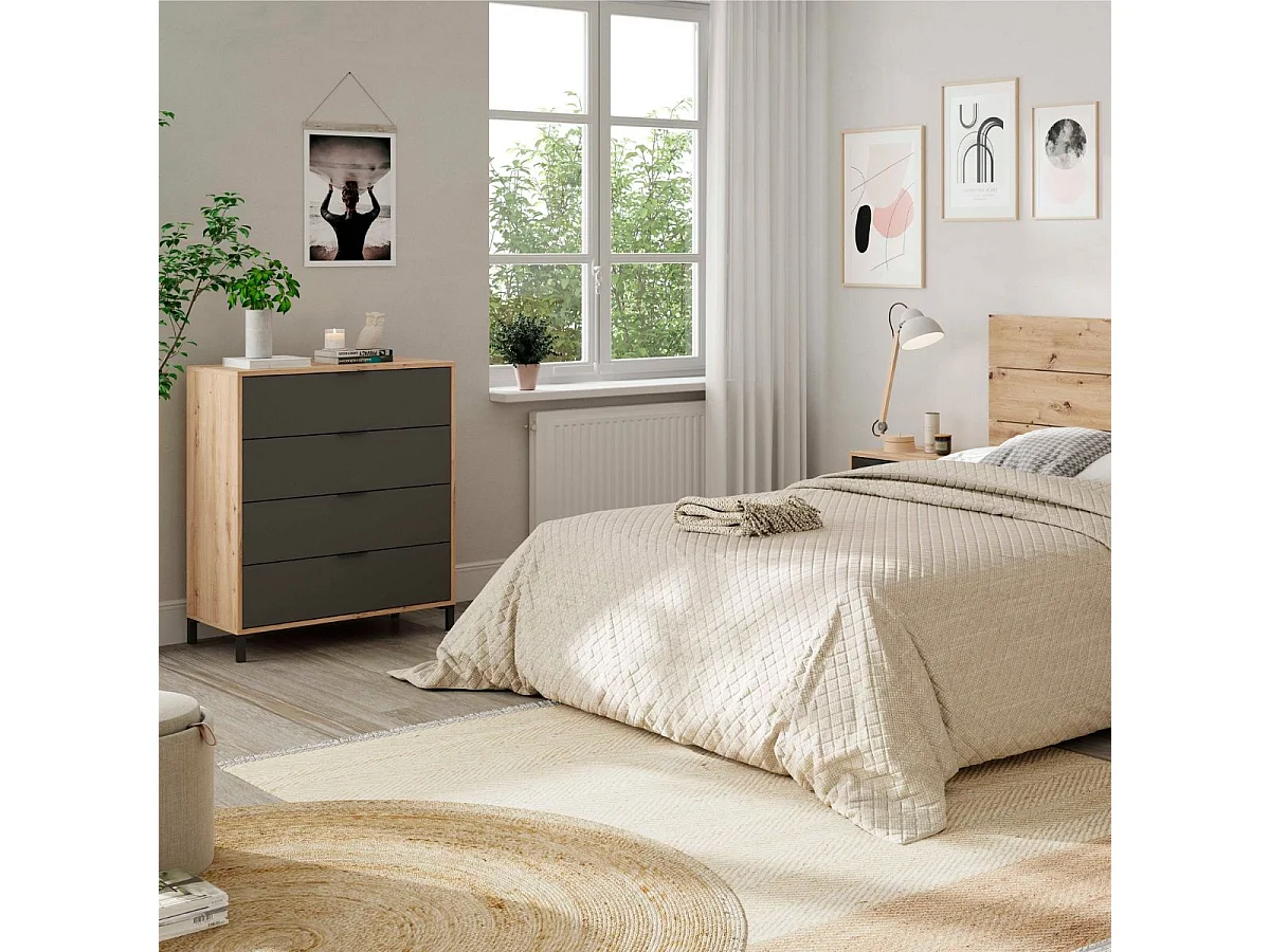 Commode 4 tiroirs décor chêne noueux et gris anthracite - L77,5 cm