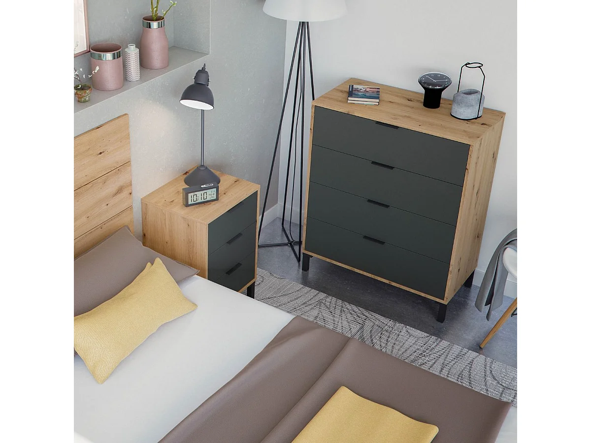Commode 4 tiroirs décor chêne noueux et gris anthracite - L77,5 cm