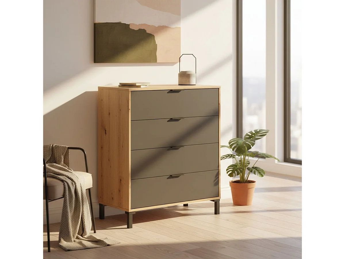 Komoda 4 szuflady dąb sękaty i antracytowy szary, design industrialny, L77,5 x H93,5 cm, kompaktowe przechowywanie