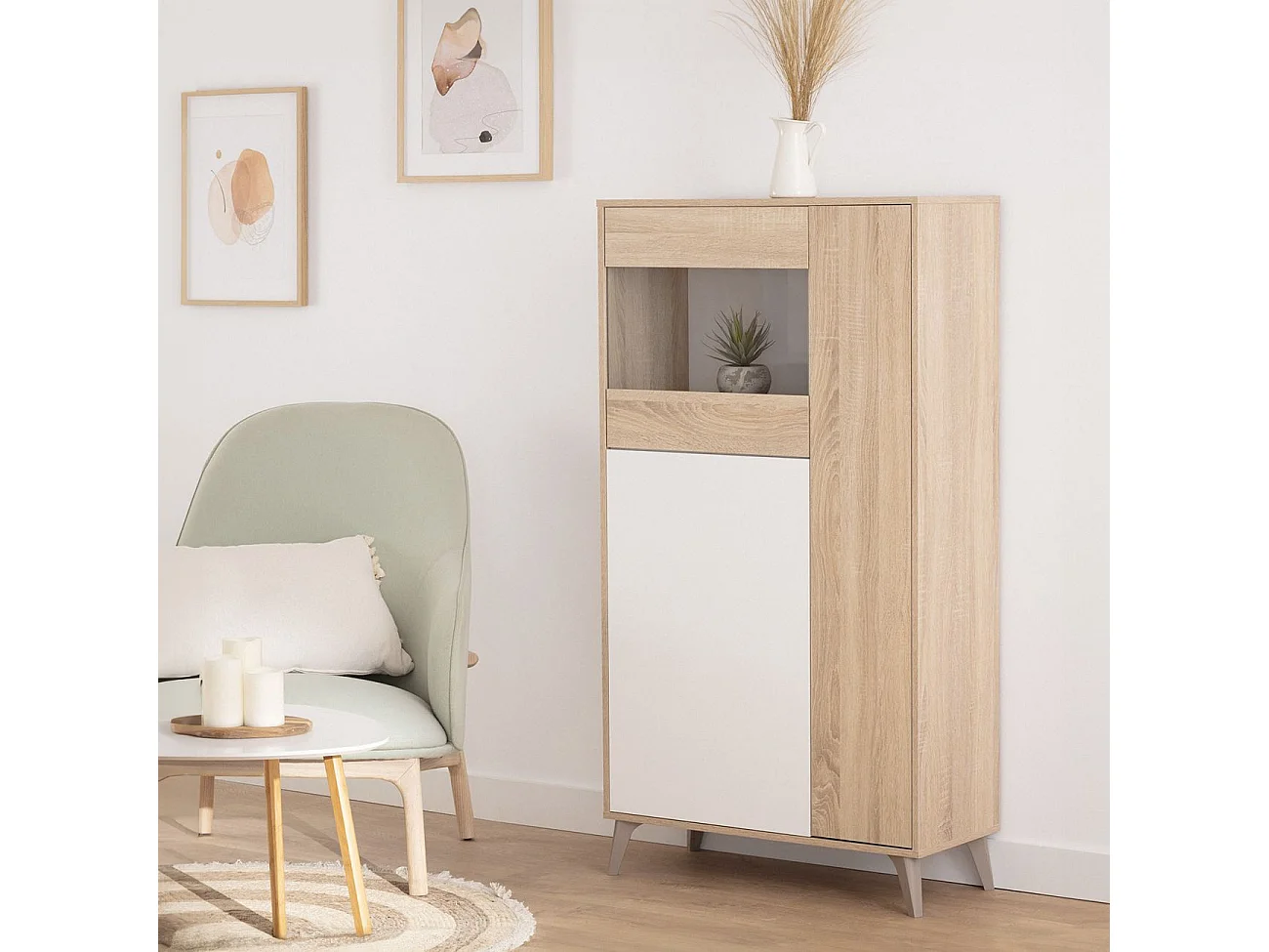 Vitrine Kikua com 3 portas, carvalho canadense e branco artik, 142x77x33 cm