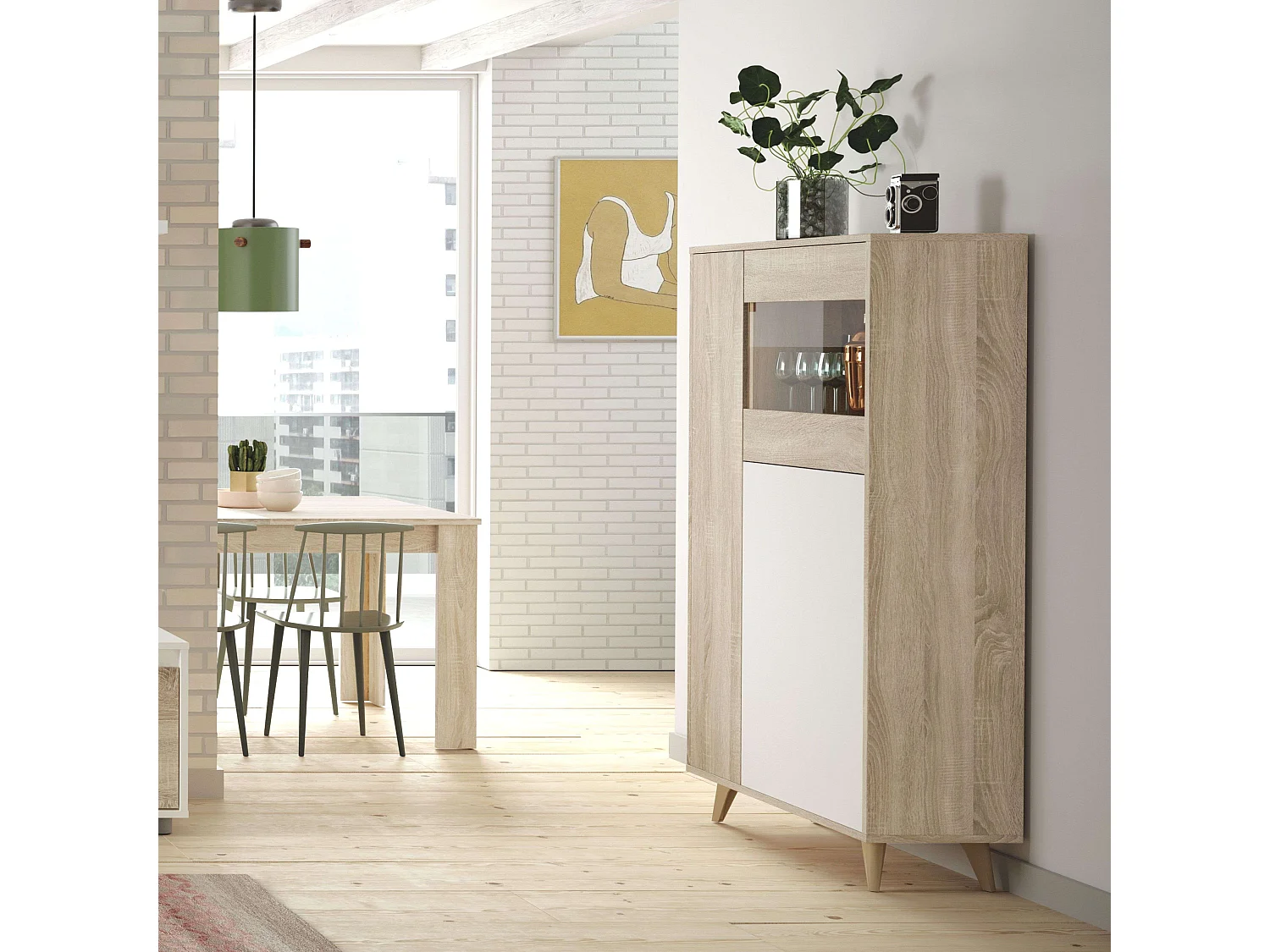 Vitrine Kikua com 3 portas, carvalho canadense e branco artik, 142x77x33 cm