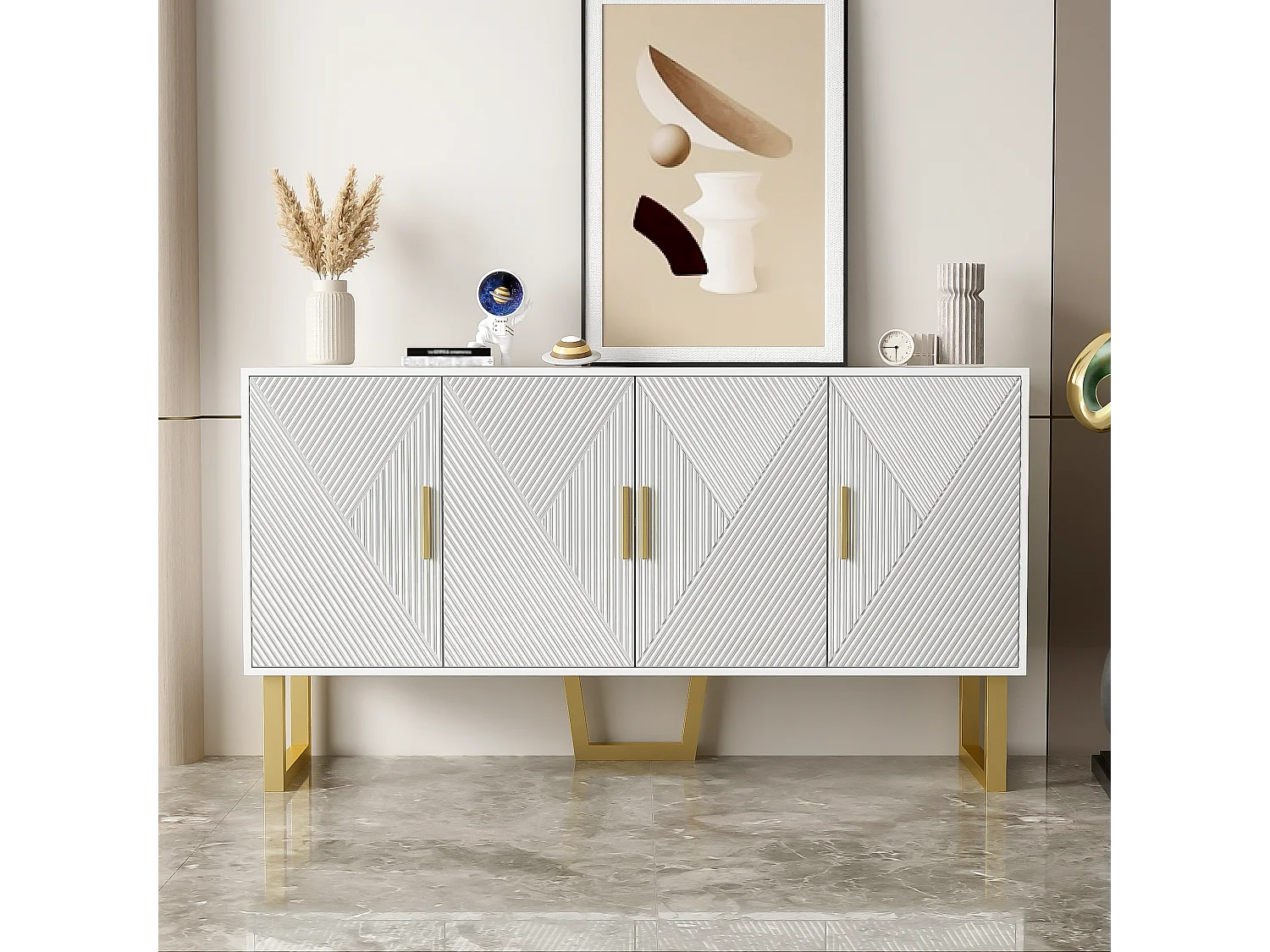 Buffet blanc avec 4 portes texturées - Etagères réglables 150x40x82 cm