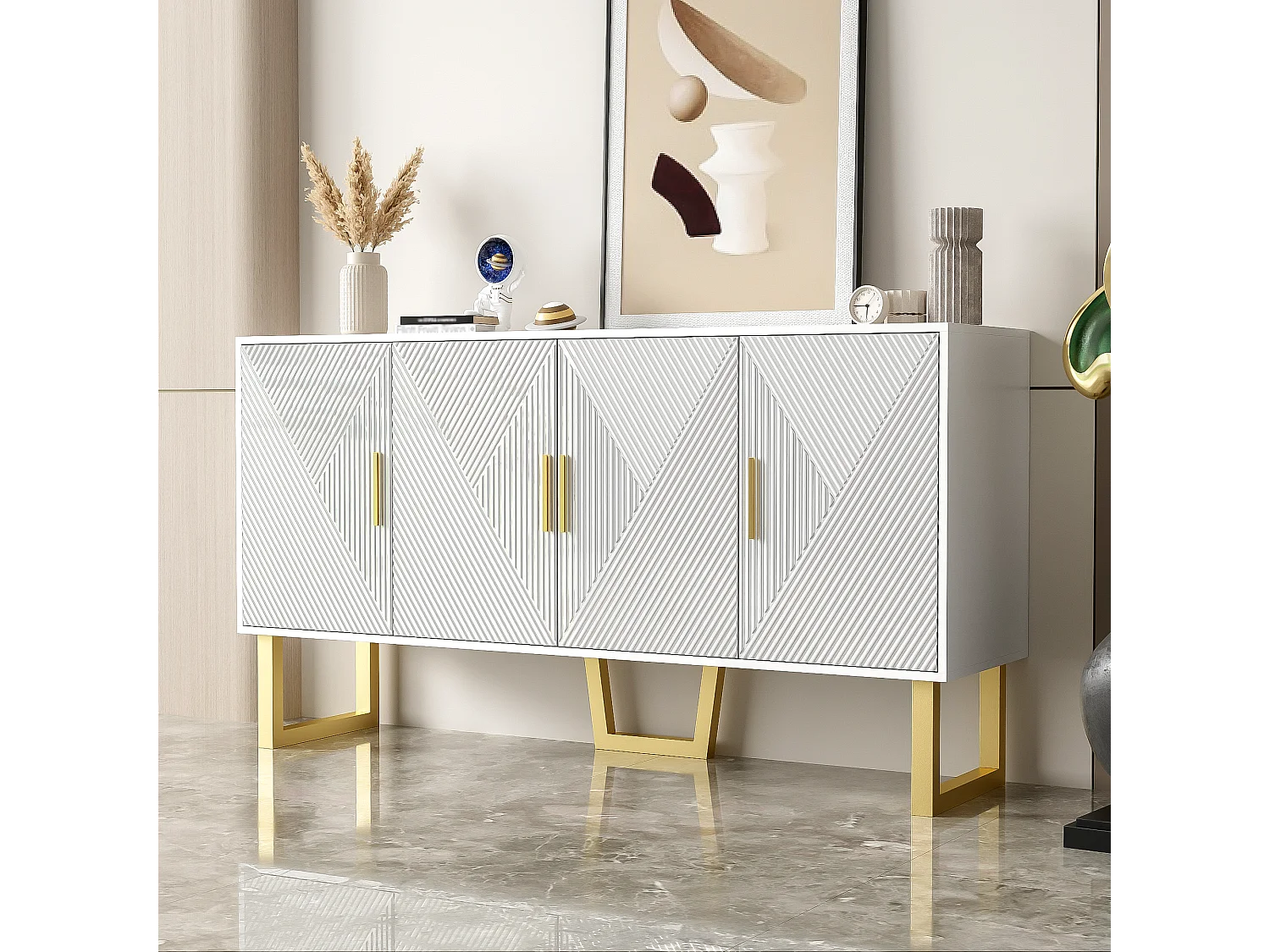Buffet blanc avec 4 portes texturées - Etagères réglables 150x40x82 cm