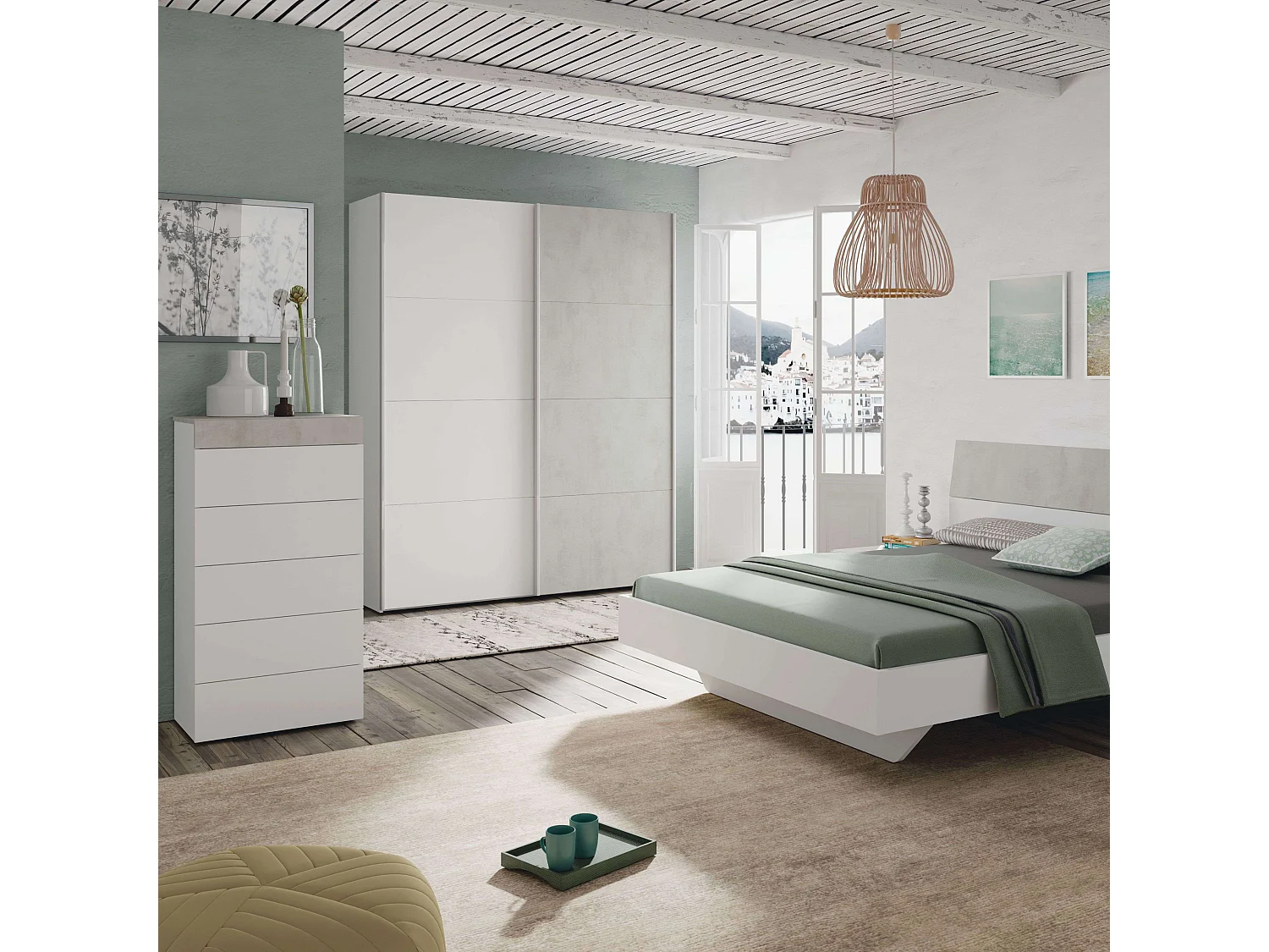 Cómoda blanca mate y cemento 61x40x118 cm