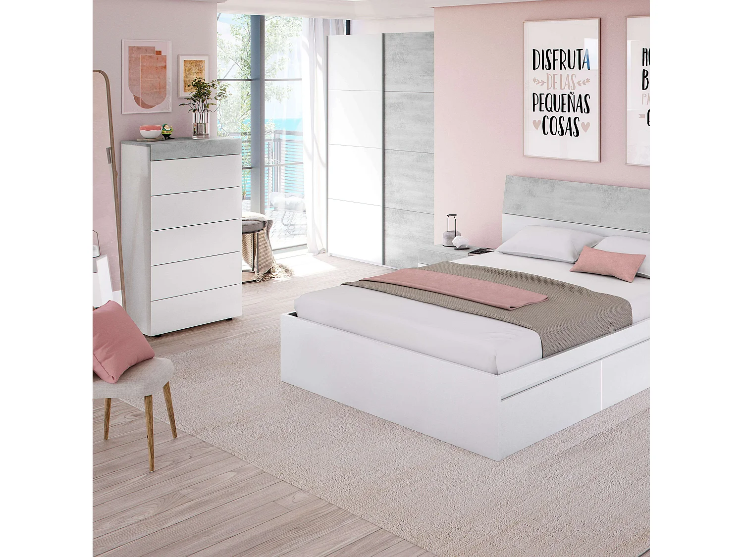 Cómoda blanca mate y cemento 61x40x118 cm