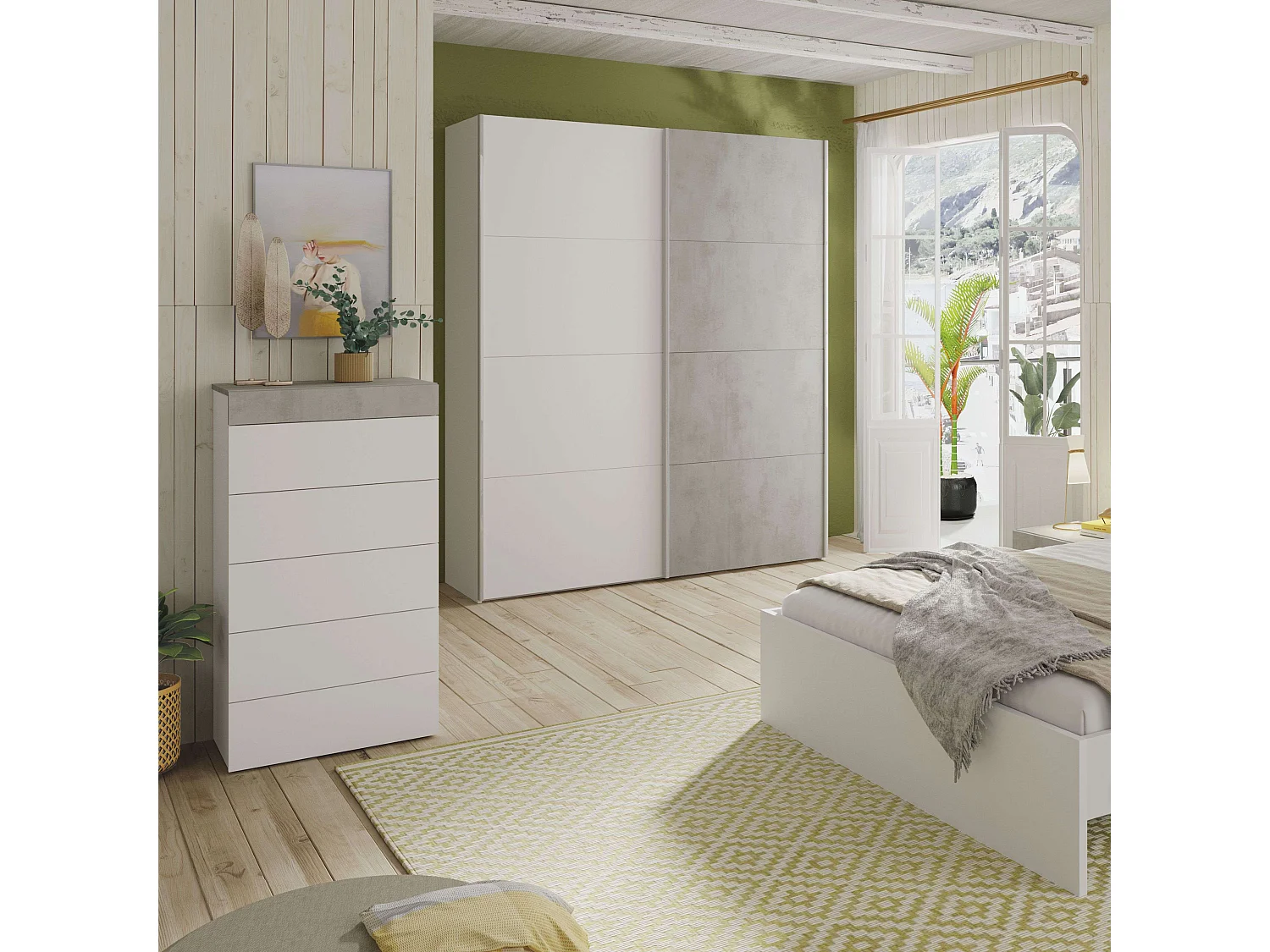 Cómoda blanca mate y cemento 61x40x118 cm