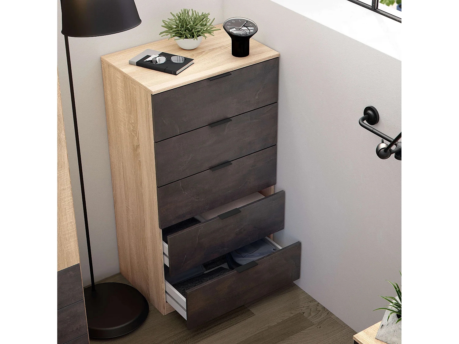 Cômoda com 5 gavetas, cômoda industrial em óxido de carvalho canadense, 110x60x40 cm