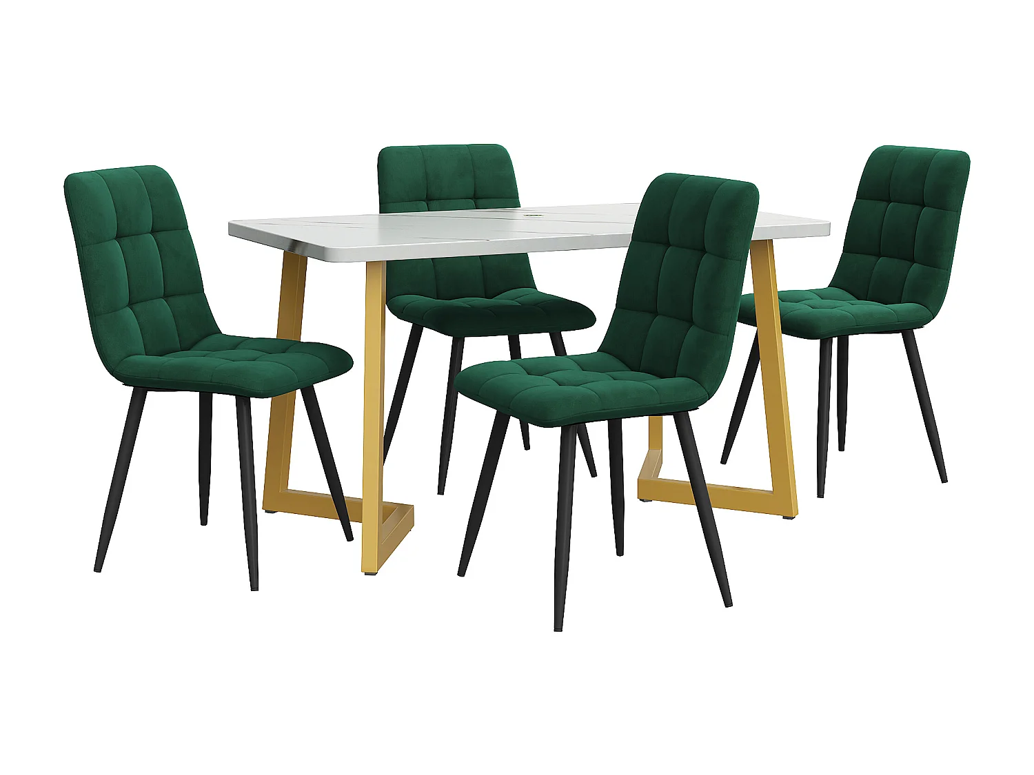 Ensemble table + 4 chaises en velours - Blanc et vert foncé