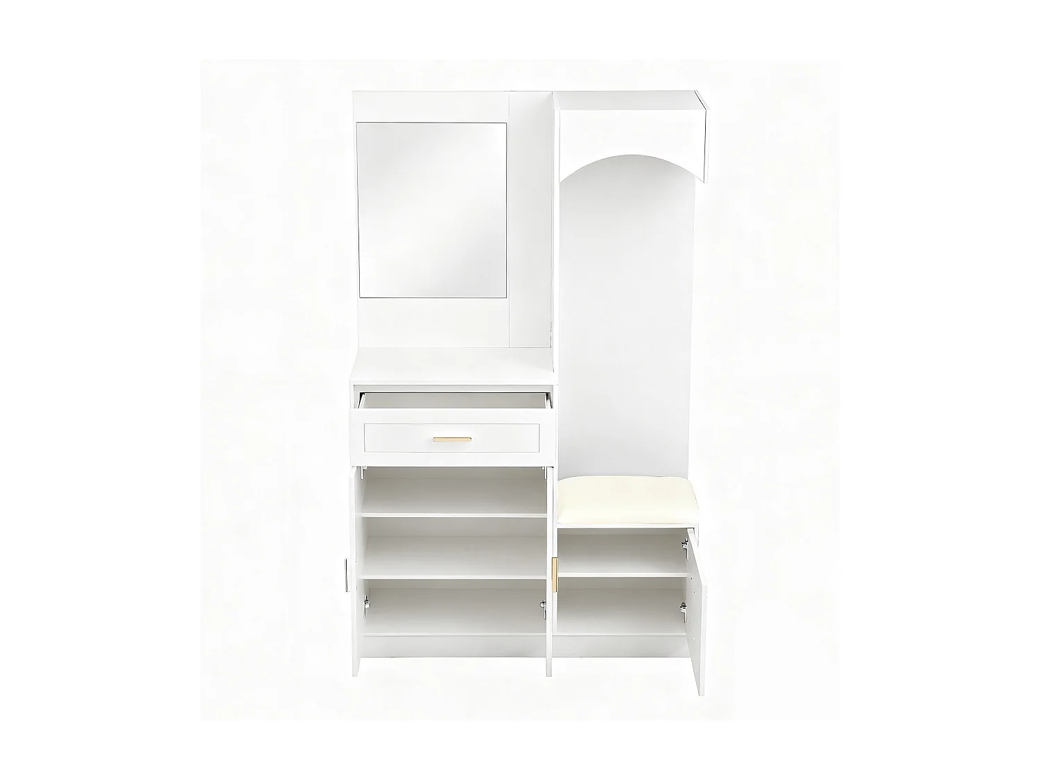 Cabide branco com espelho, sapateira e banco - Móvel para hall de entrada 110x33x185,5 cm