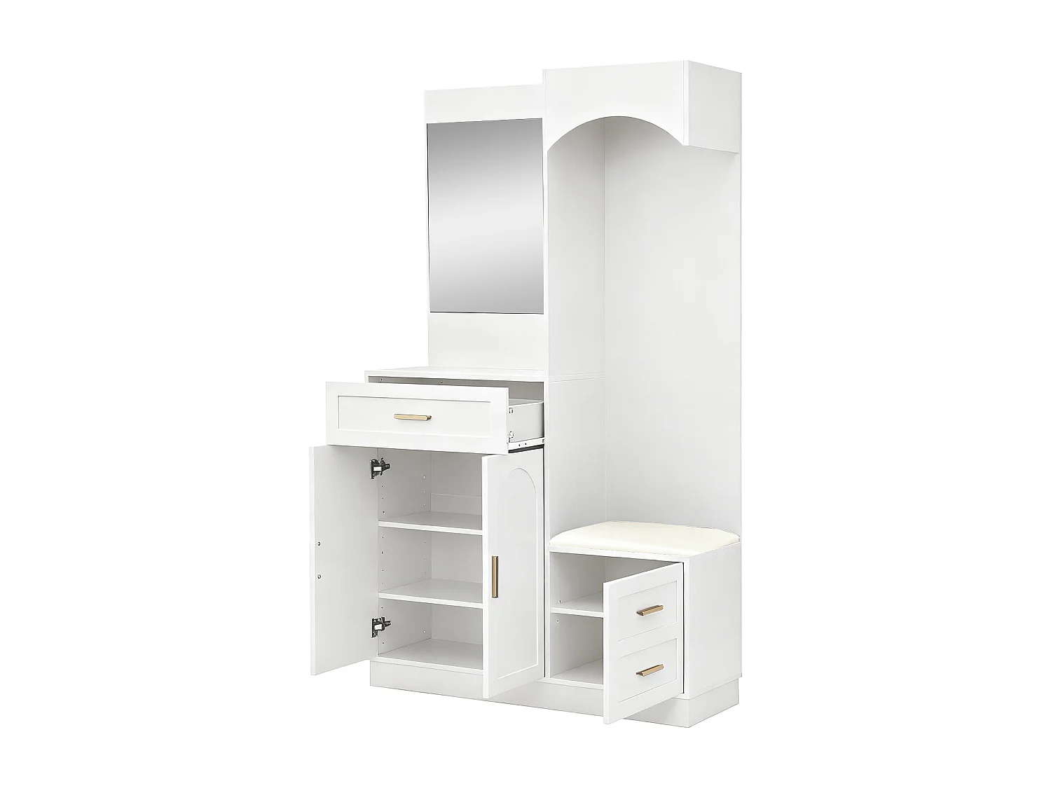 Cabide branco com espelho, sapateira e banco - Móvel para hall de entrada 110x33x185,5 cm
