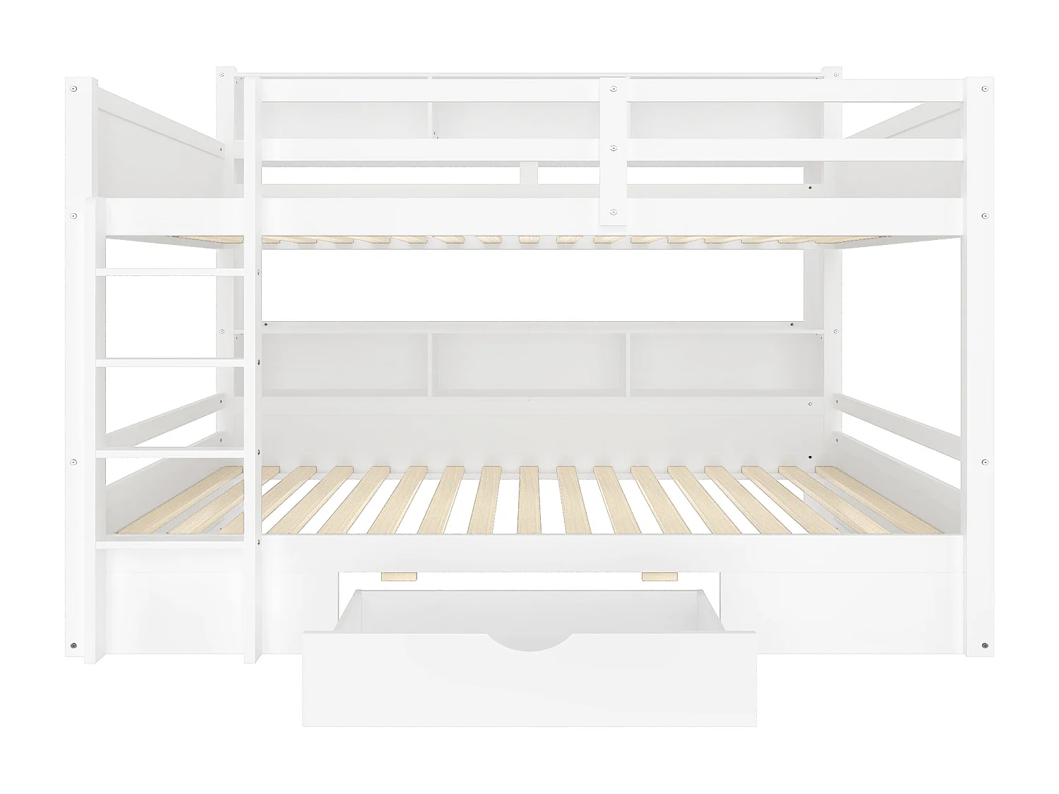 Lit superposé enfant 90 x 200 cm avec tiroir et compartiments de rangement - Bois en pin et MDF - Blanc