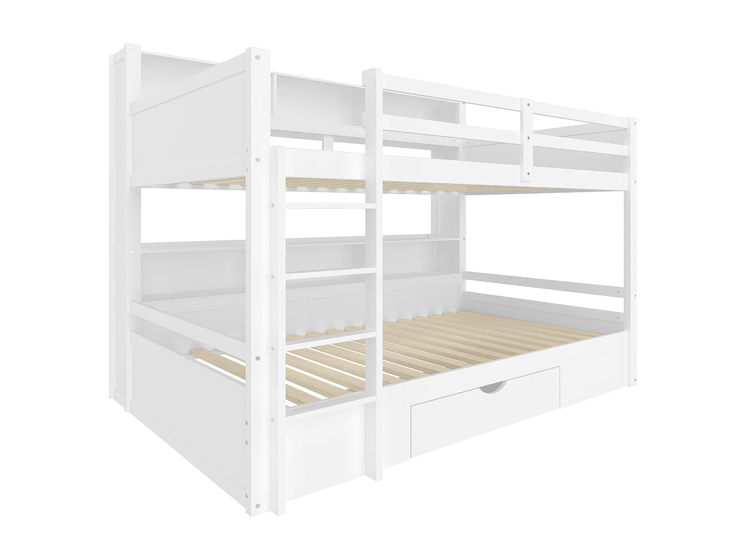 Lit superposé enfant 90 x 200 cm avec tiroir et compartiments de rangement - Bois en pin et MDF - Blanc