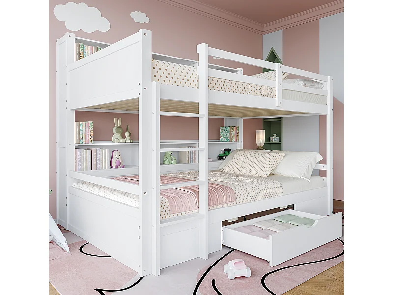 Lit superposé enfant 90 x 200 cm avec tiroir et compartiments de rangement - Bois en pin et MDF - Blanc