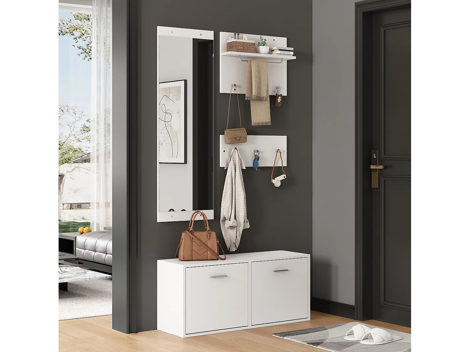 Ensemble de meubles d'entrée - Miroir, 6 patères et meuble à chaussures - Bois en PB - Blanc